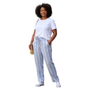 George & Martha 100% Linen Drawstring Pants Light Blue Striped Size L
